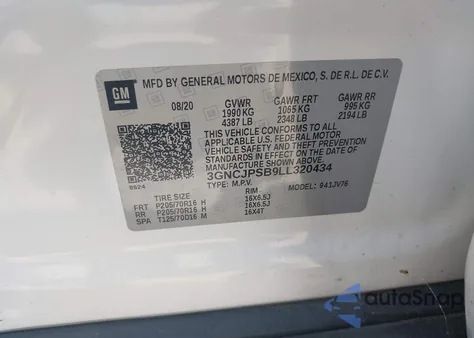 2020 Chevrolet Trax Awd Lt from USA, damaged, VIN 3GNCJPSB9LL320434